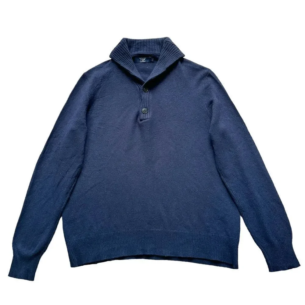 🔃J. Crew Men’s Blue Lambswool Shawl Collar Front Button Pullover Sweater